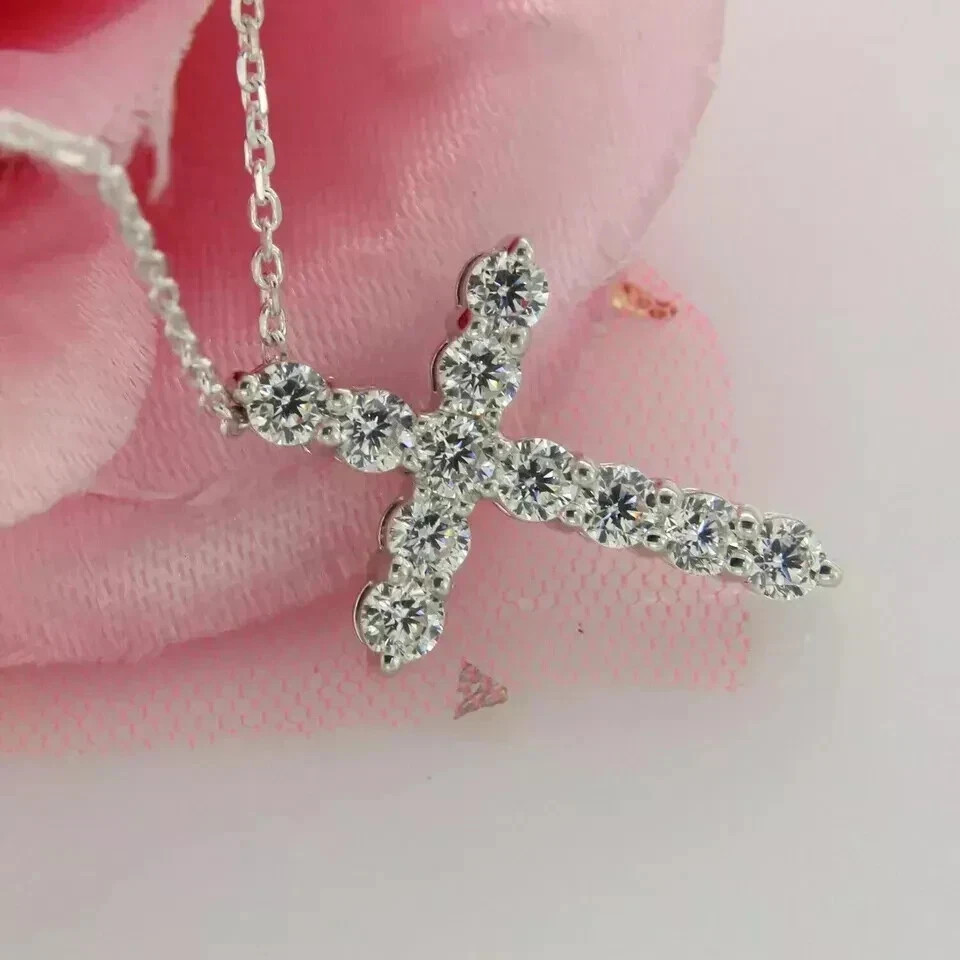 2CT Round-Cut Real Moissanite Cross Pendant Necklace 14K White Gold Plated