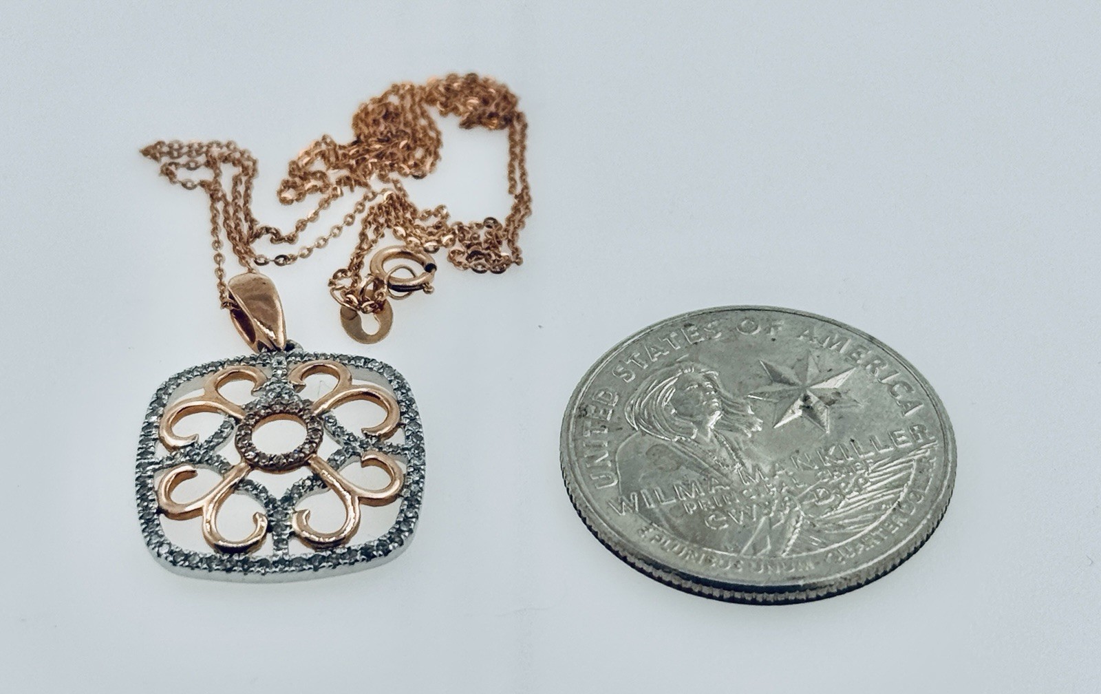 14k White Rose Gold .35Cttw Diamond Filigree Pendant Necklace19.5″, 2.67g approx