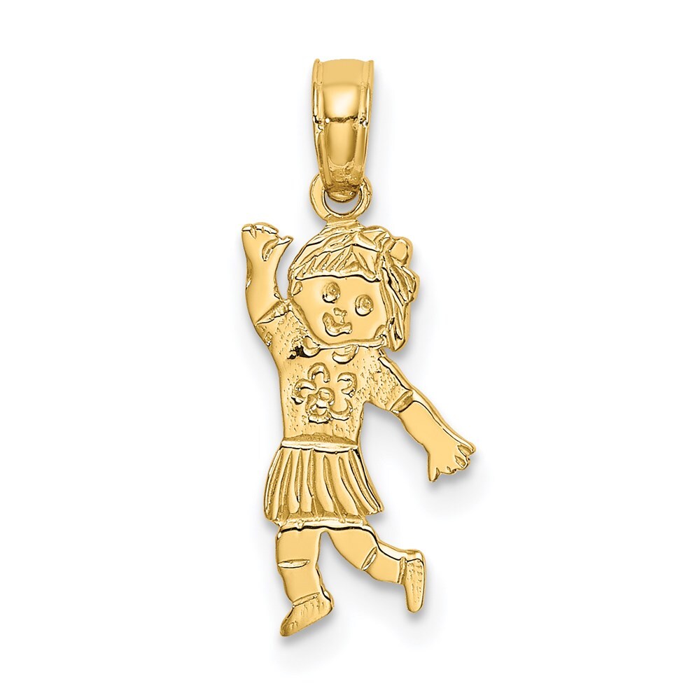 14k Yellow Gold Girl Waving with Flower on Blouse Charm Pendant 0.63gm L-0.75 in