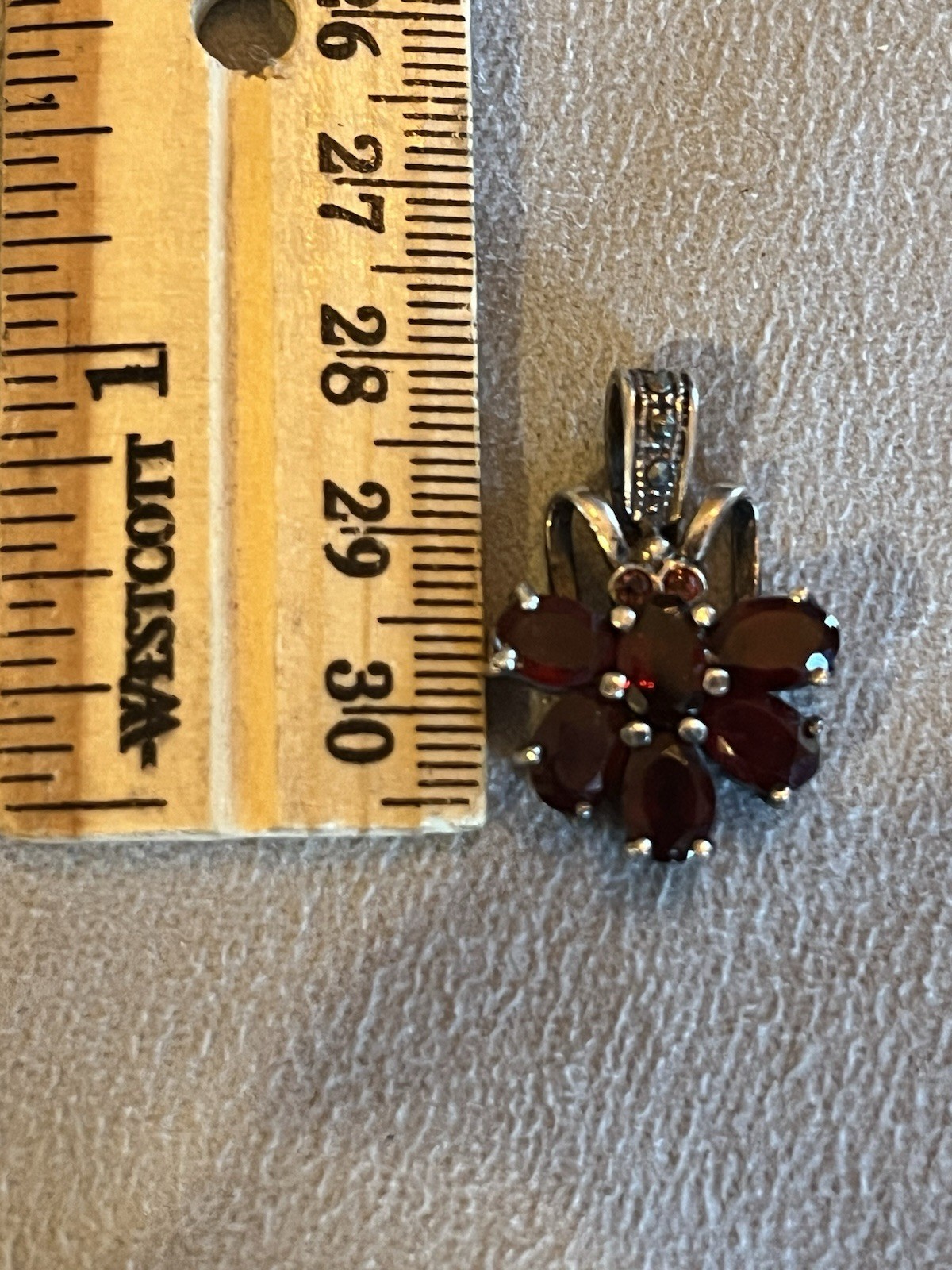 Sterling Silver Marcasite Flower Pendant, w/Garnet Stones, 1 1/8 inch