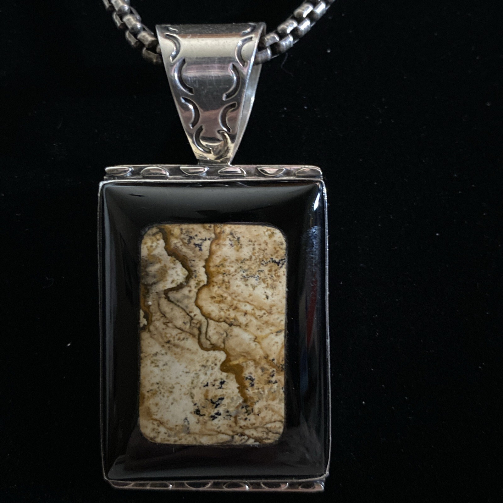 Jay King Beautiful Sterling Silver Black Onyx W/Picture Jasper Inlay Pendant