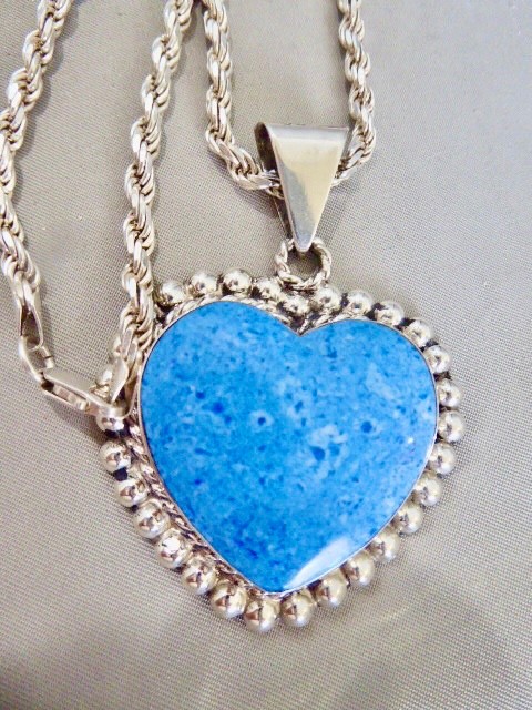 STUNNING 925 STERLING SILVER HEART SHAPE LAPIS TAXCO MEXICO PENDANT & CHAIN 26″