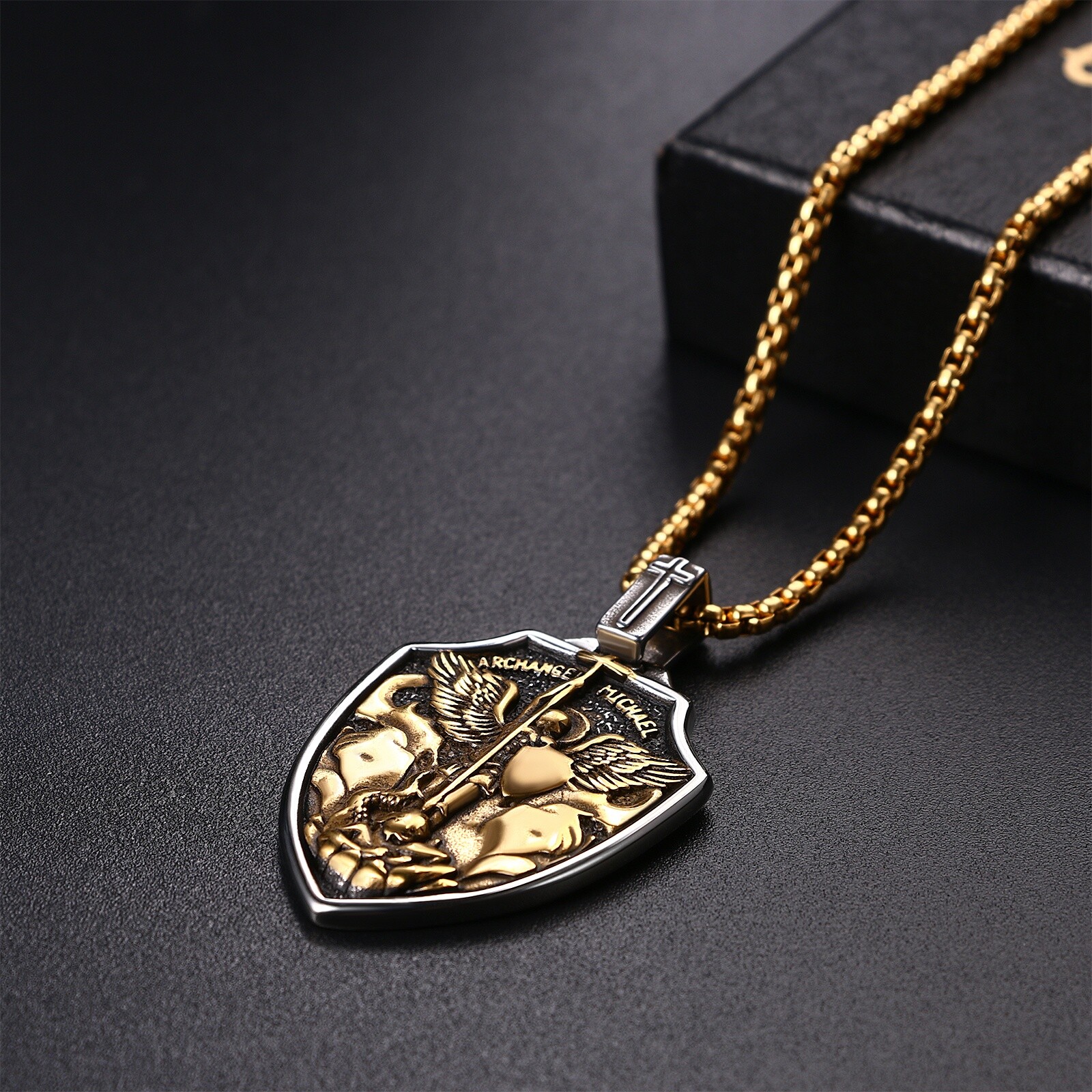 Men Stainless Steel Shield Archangel Saint Michael Medal St Jude Amulet Necklace