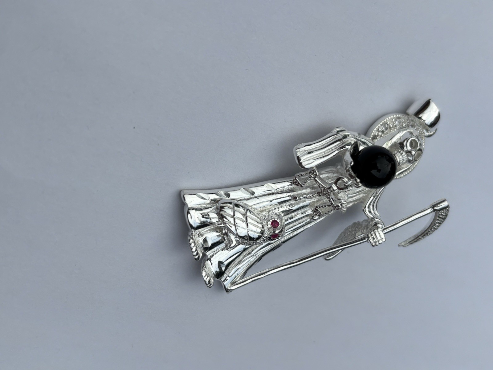 2.5″ ICED 925 STERLING SILVER LA SANTA MUERTE GRIM REAPER PENDANT CZ ONYX