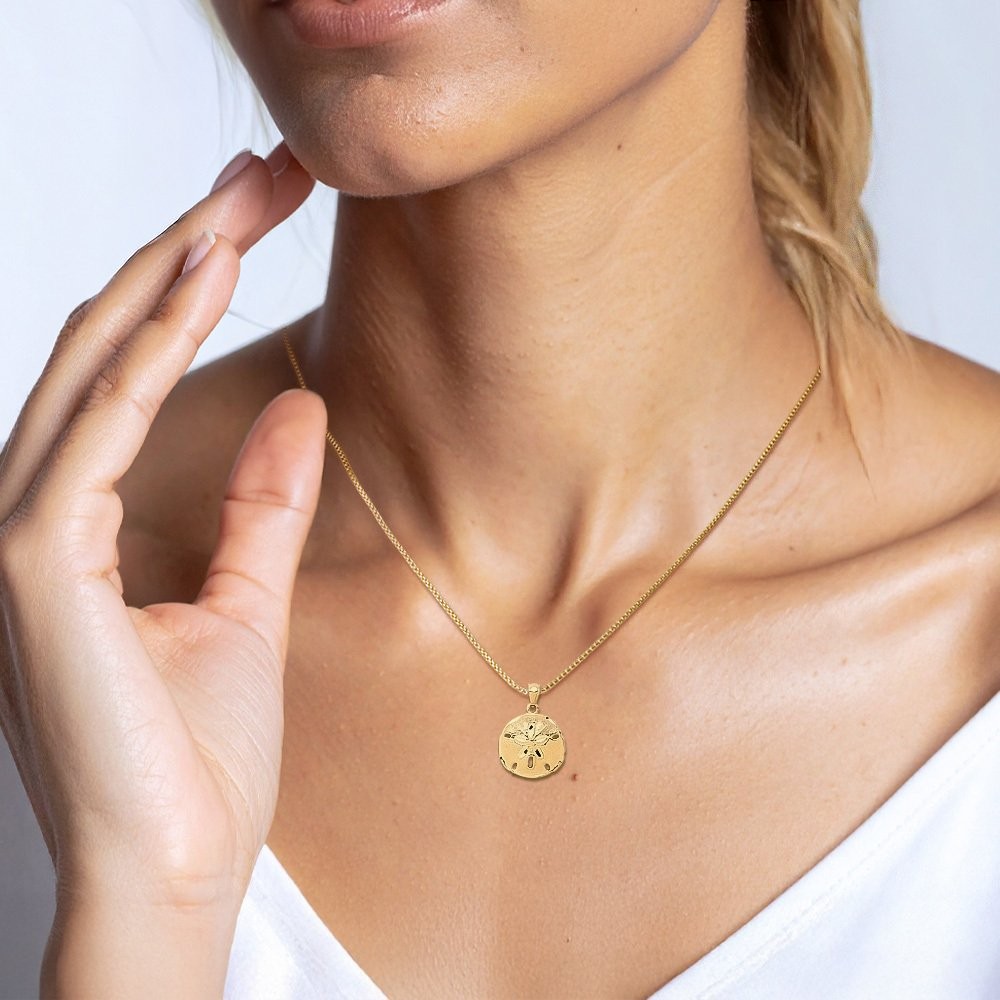 10K Solid Yellow Gold Medium Sand Dollar Starfish Pendant Necklace 24mm