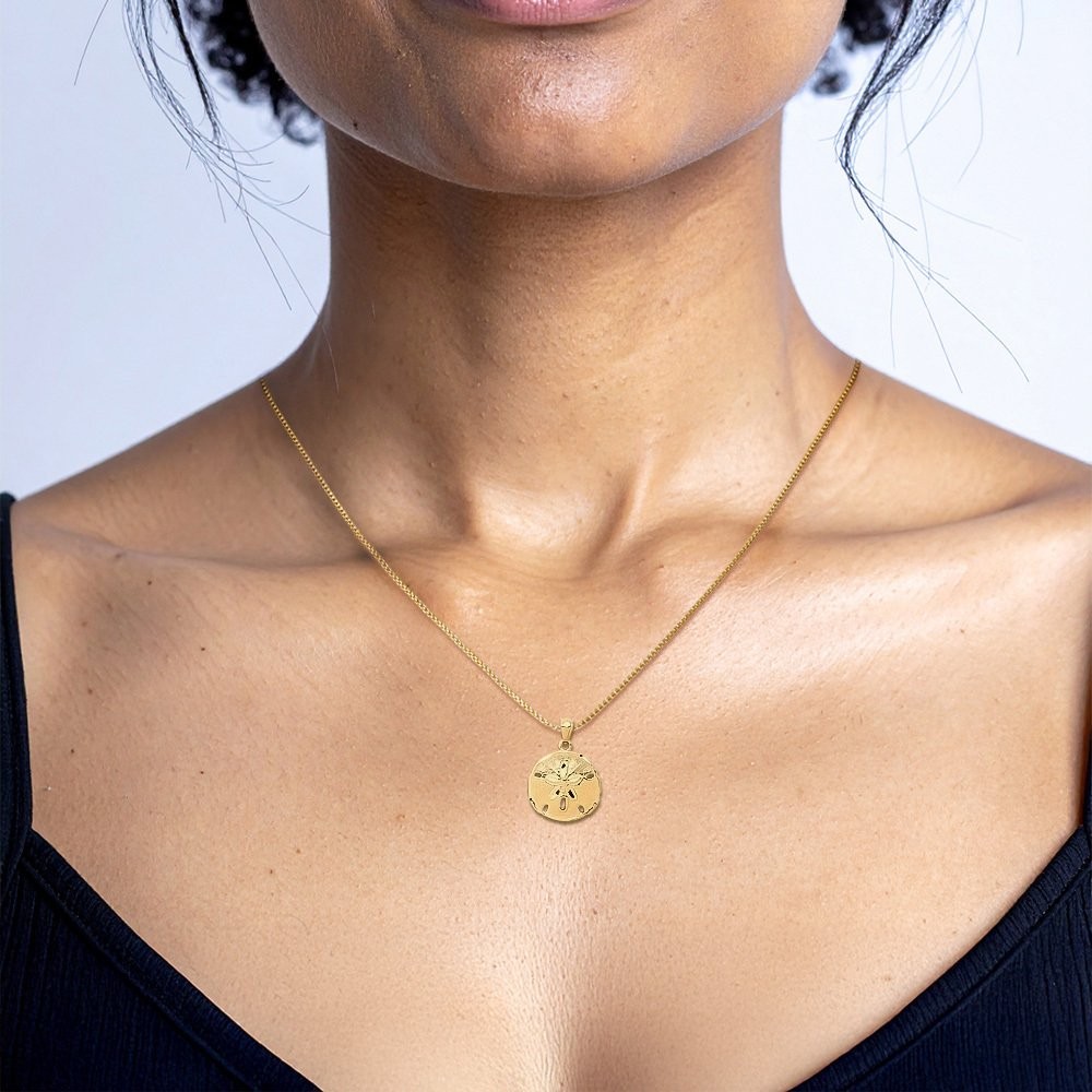10K Solid Yellow Gold Medium Sand Dollar Starfish Pendant Necklace 24mm