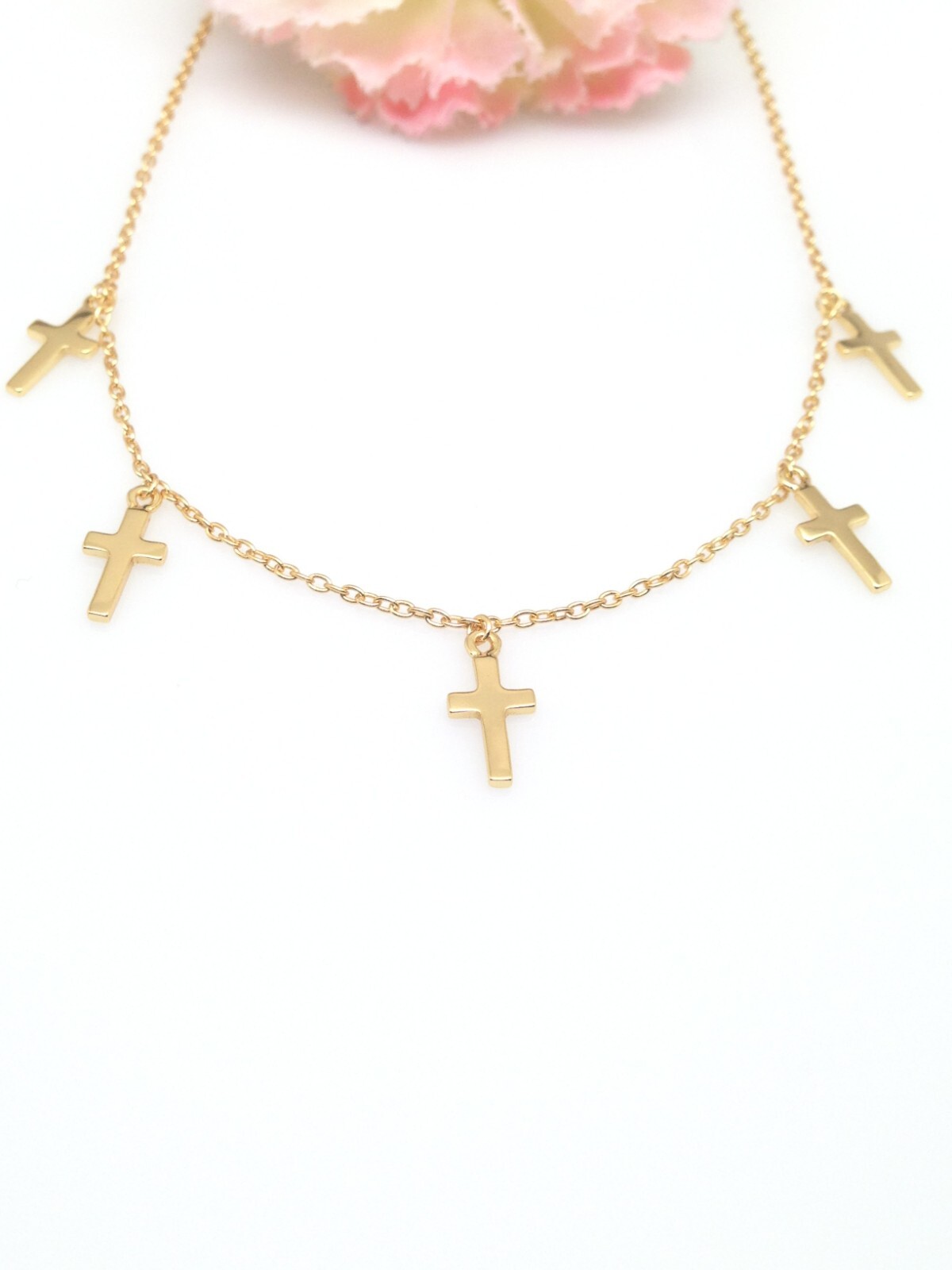 925 Sterling Silver Cross Charm Dangle Choker Necklace Plain Gold 9mm 15.5″ Girl