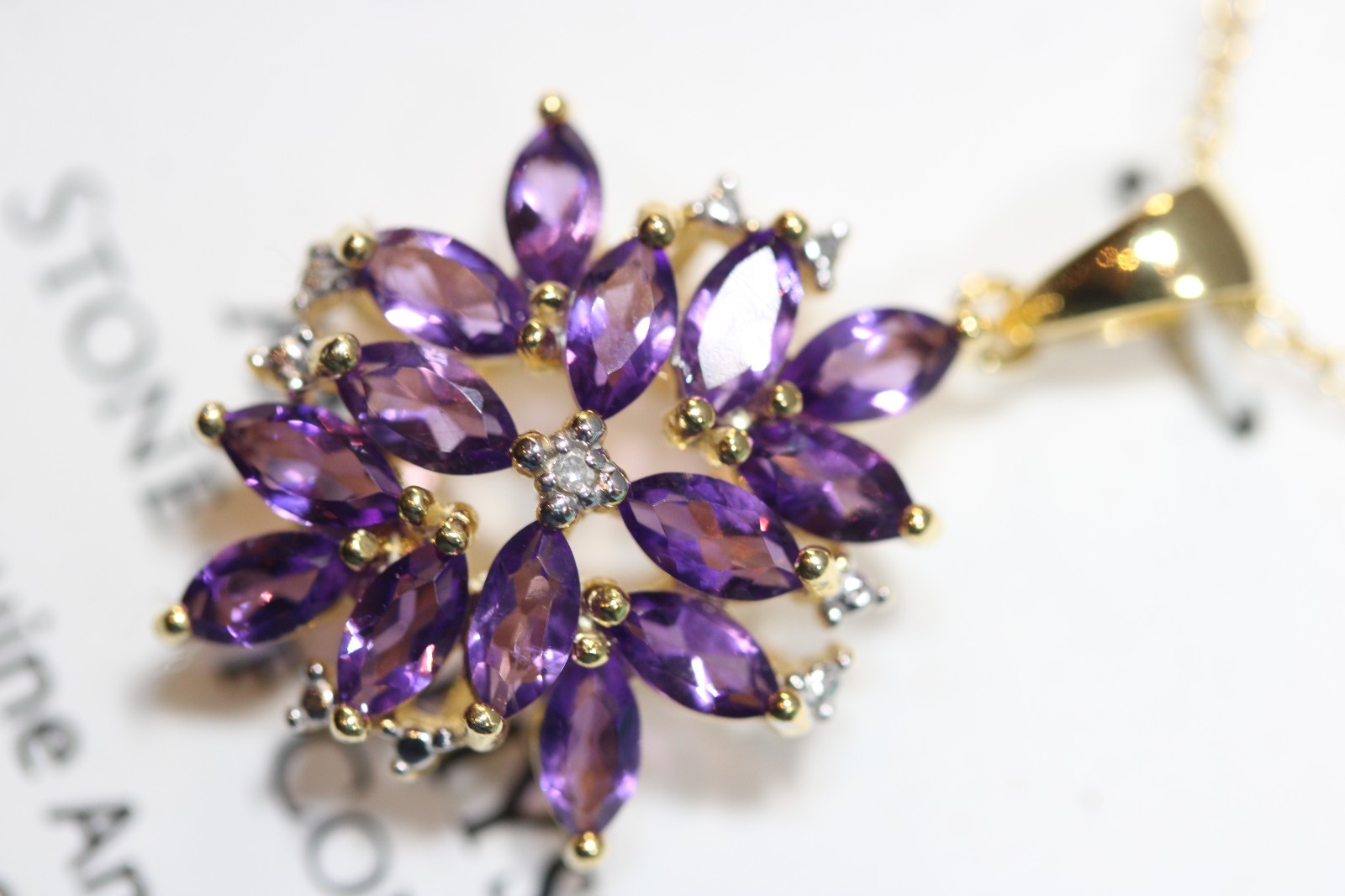 New 18K Gold Cluster Amethyst Diamond Necklace Modern NWT Tear Drop 18″ #121
