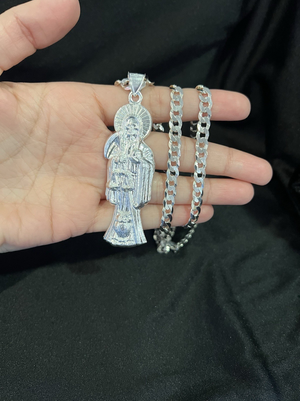925 Sterling Silver Men Big Santa Muerte Grim Reaper Pendant Curb Chain 22 26 30
