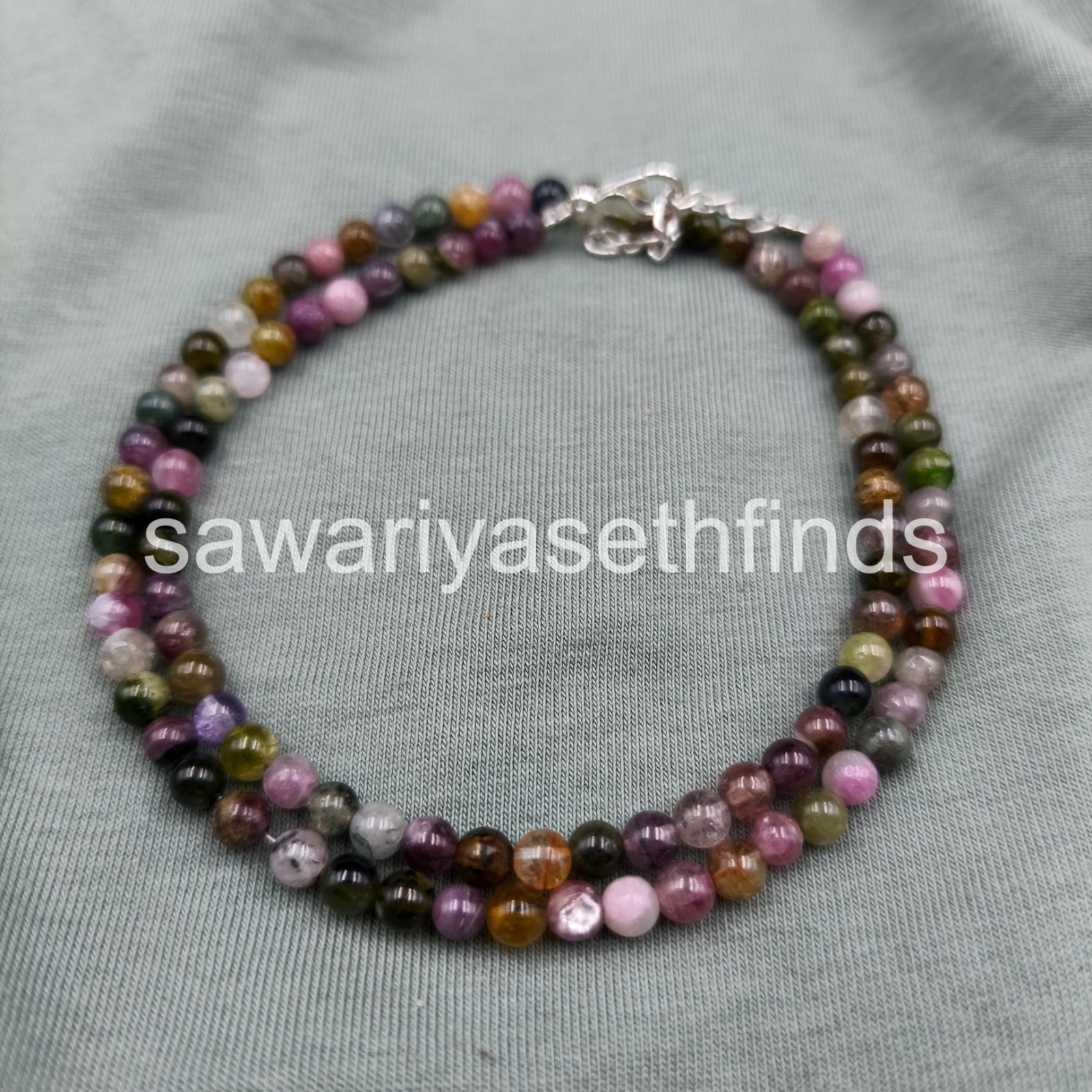 Natural Multi Tourmaline 3mm Smooth Round Beaded Necklace, Sterling Silver Clasp