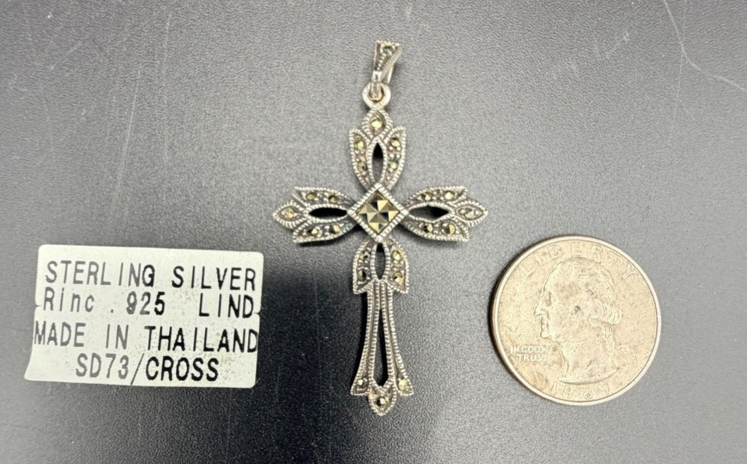 Vintage Sterling Silver 925 Marcasite Cross Pendant Gothic Thailand
