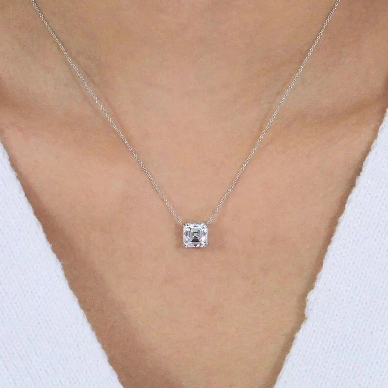 Lab Created Diamond 2Ct AsscherSolitaire Women Pendant 14K White Gold Plated 18″