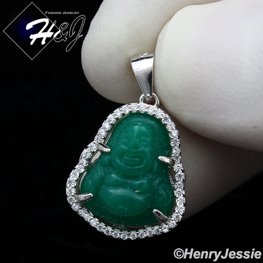 MEN WOMEN 925 STERLING SILVER ICY BLING SMALL GREEN JADE BUDDHA PENDANT*SP283