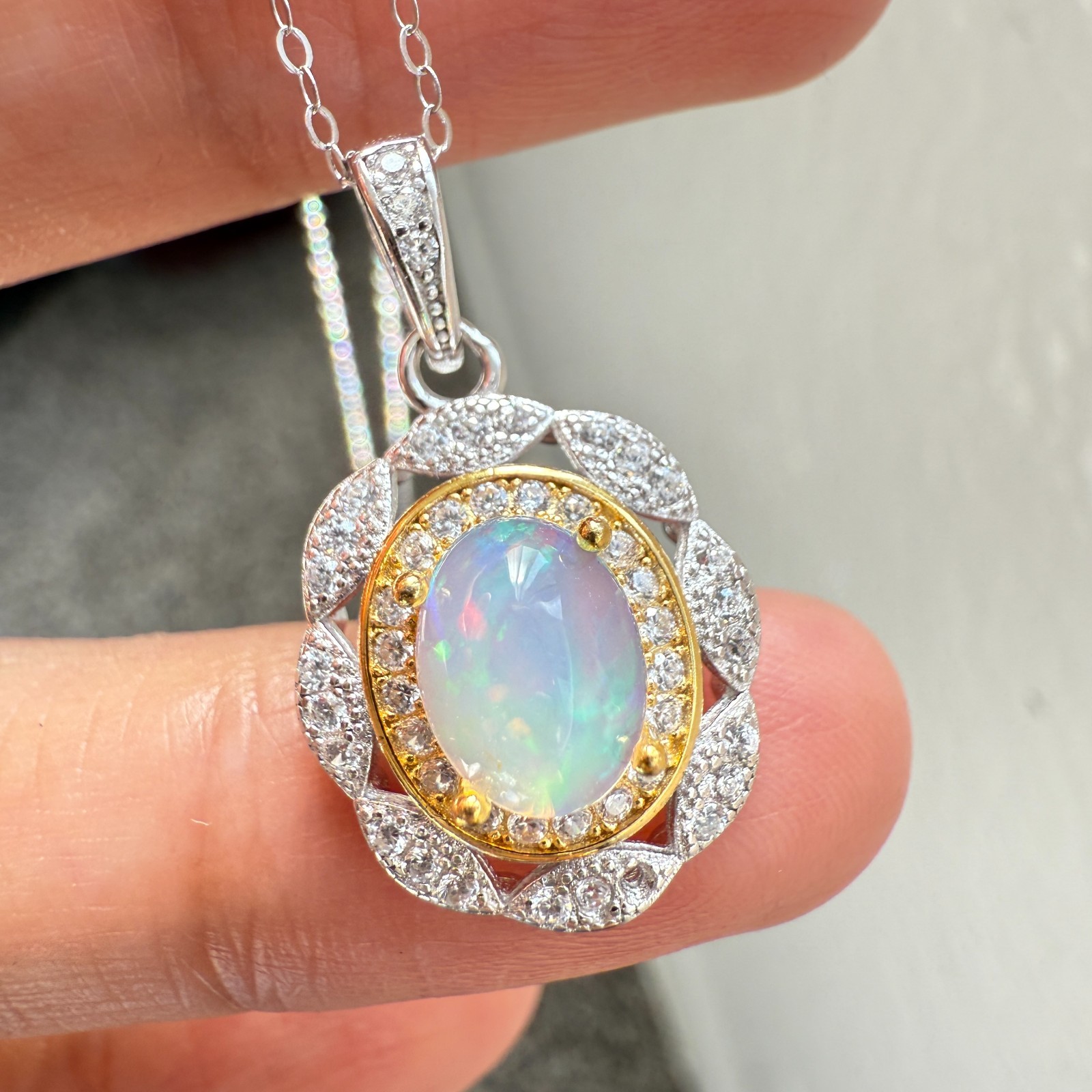 925 Sterling Silver Necklace 8x6mm Natural Opal Handmade Flower Birthstone