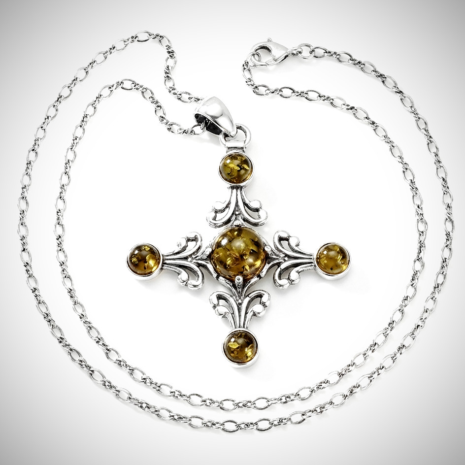 Vintage 925 Sterling Silver Antique Green Baltic Amber Quatrefoil Necklace