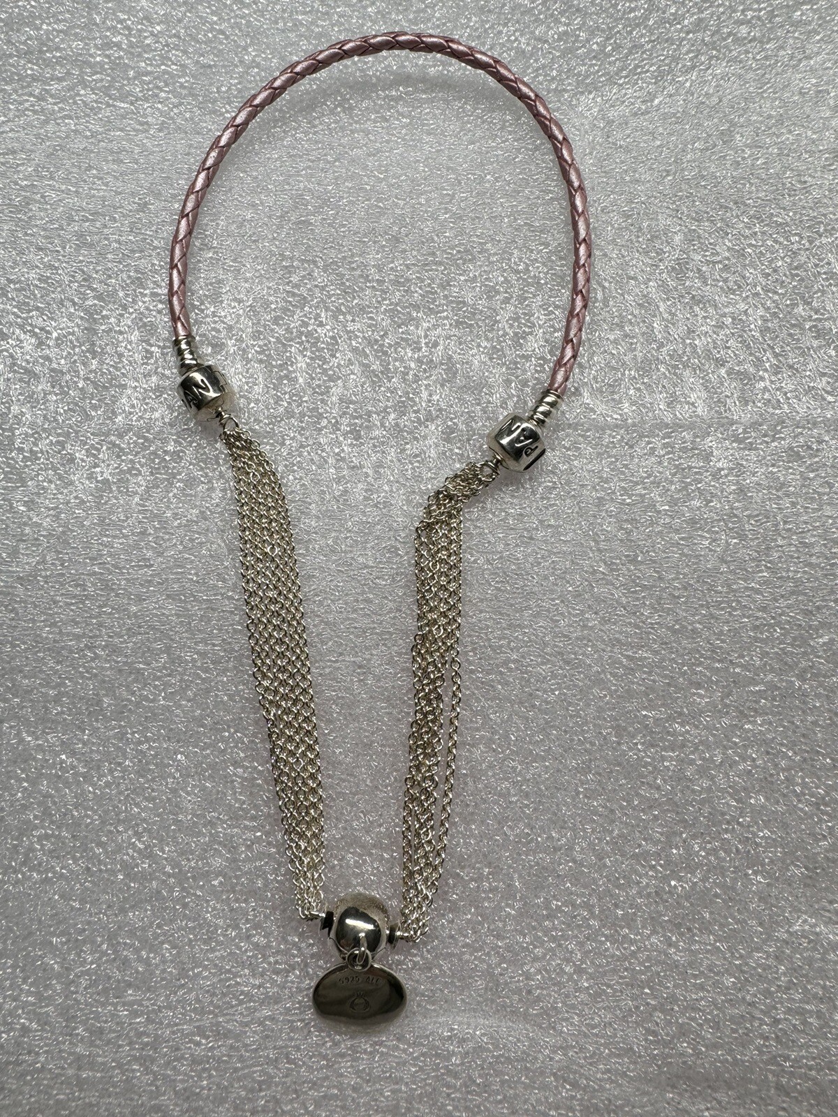 Pandora 15″ Pink Braided Leather Choker Chain Necklace Dangle Charm