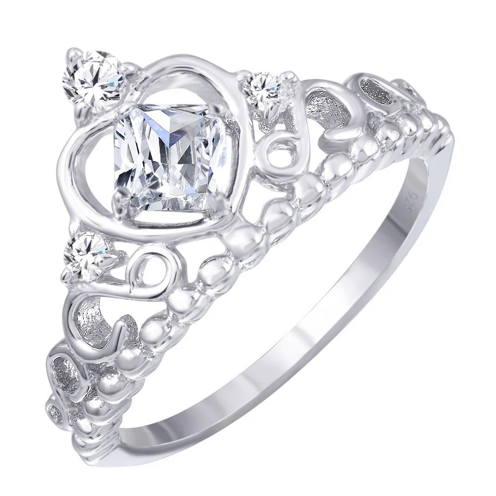 Sterling Silver 925 Rhodium Plated Crown Ring with Clear CZ