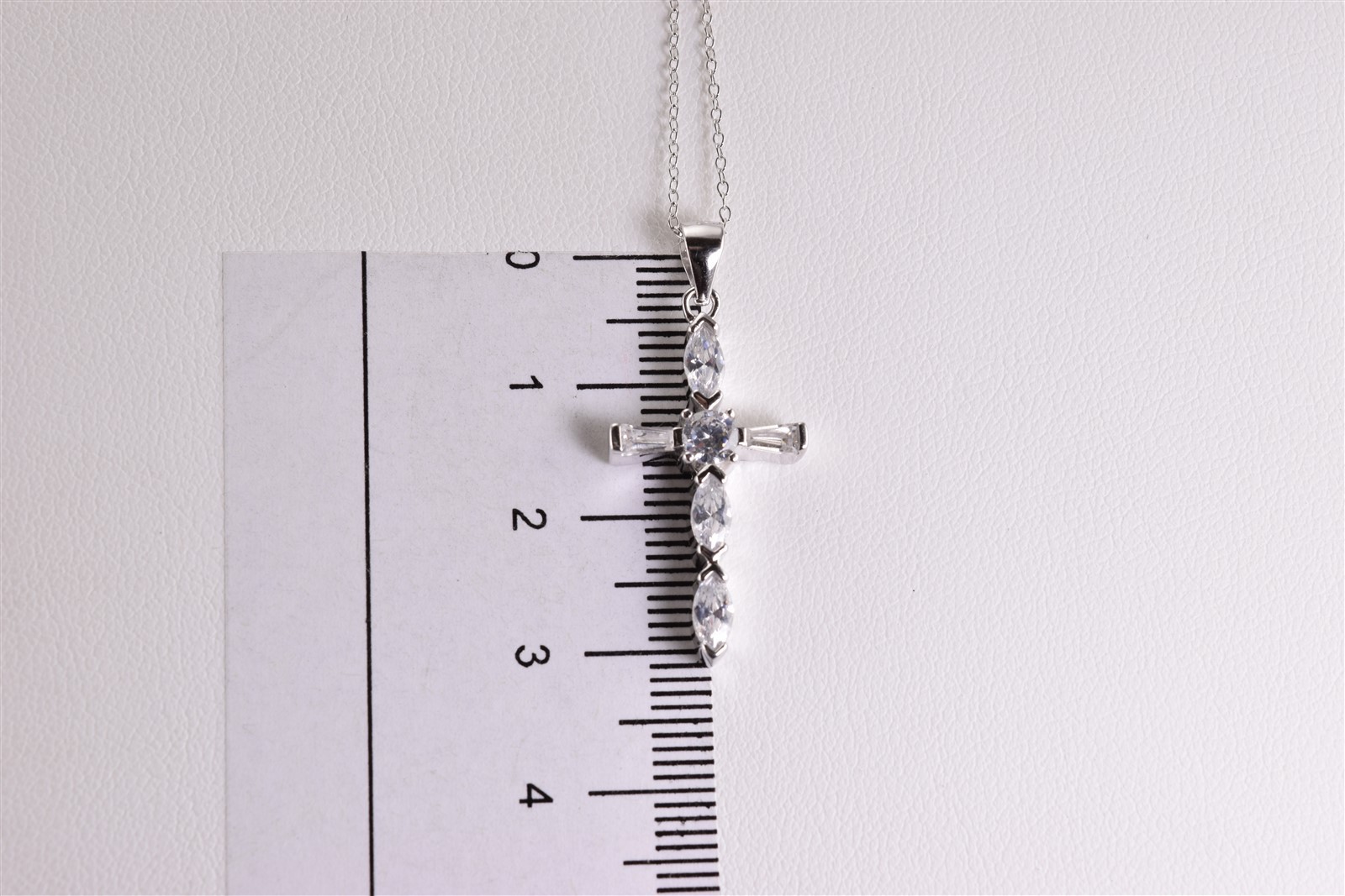 Sterling Silver 26mm x 15mm Marquise Baguette Accented Cross Pendant 18″ Chain