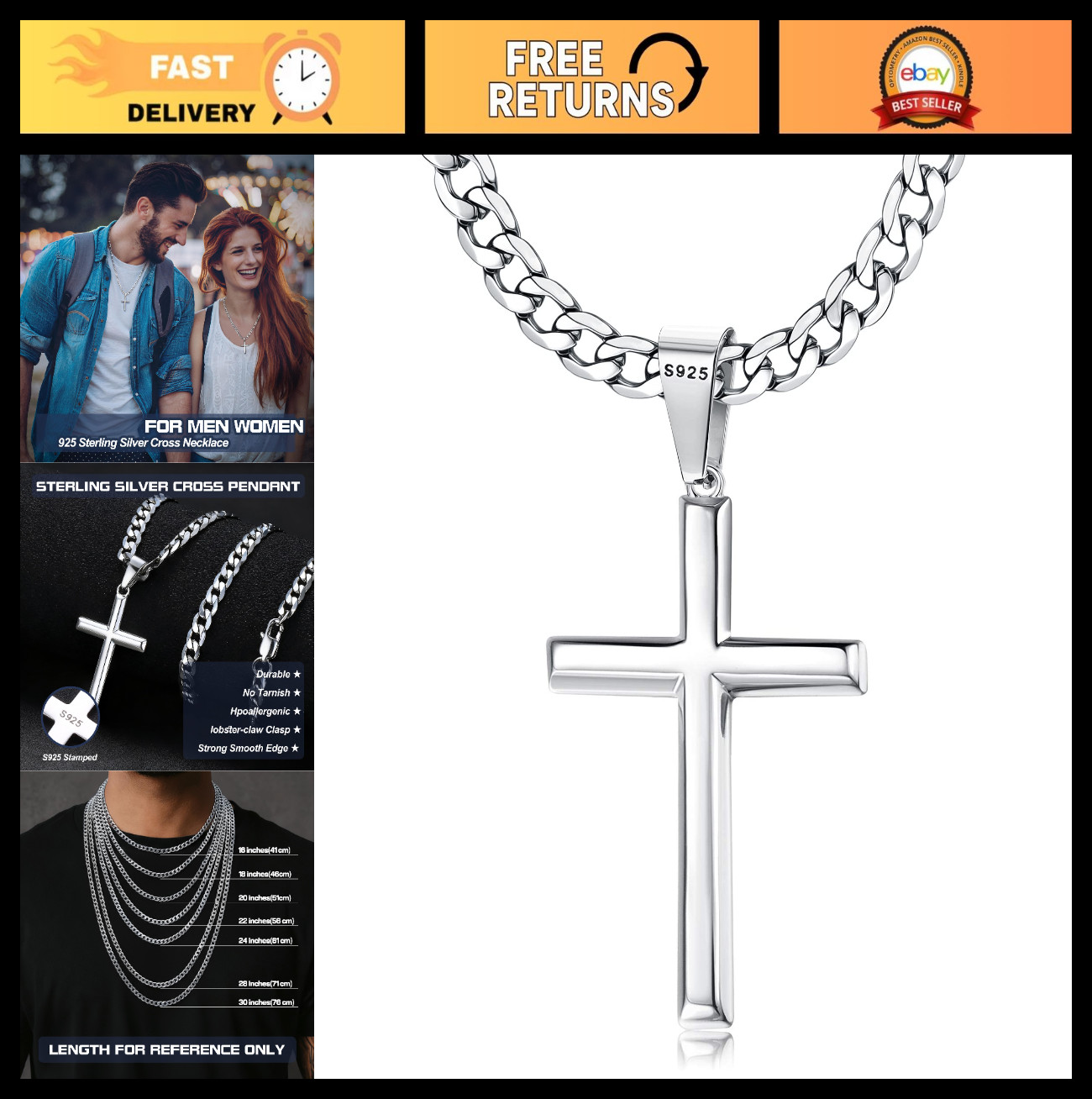 925 Sterling Silver Cross Necklace, Durable Cuban Link Chain, 16-30″ Christian J