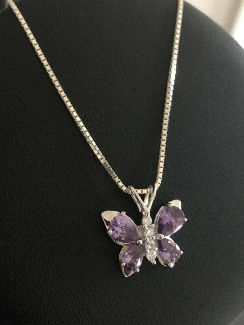 2Ct Pear Cut Amethyst Butterfly Pendant 14K White Gold Finish With 18″Free Chain
