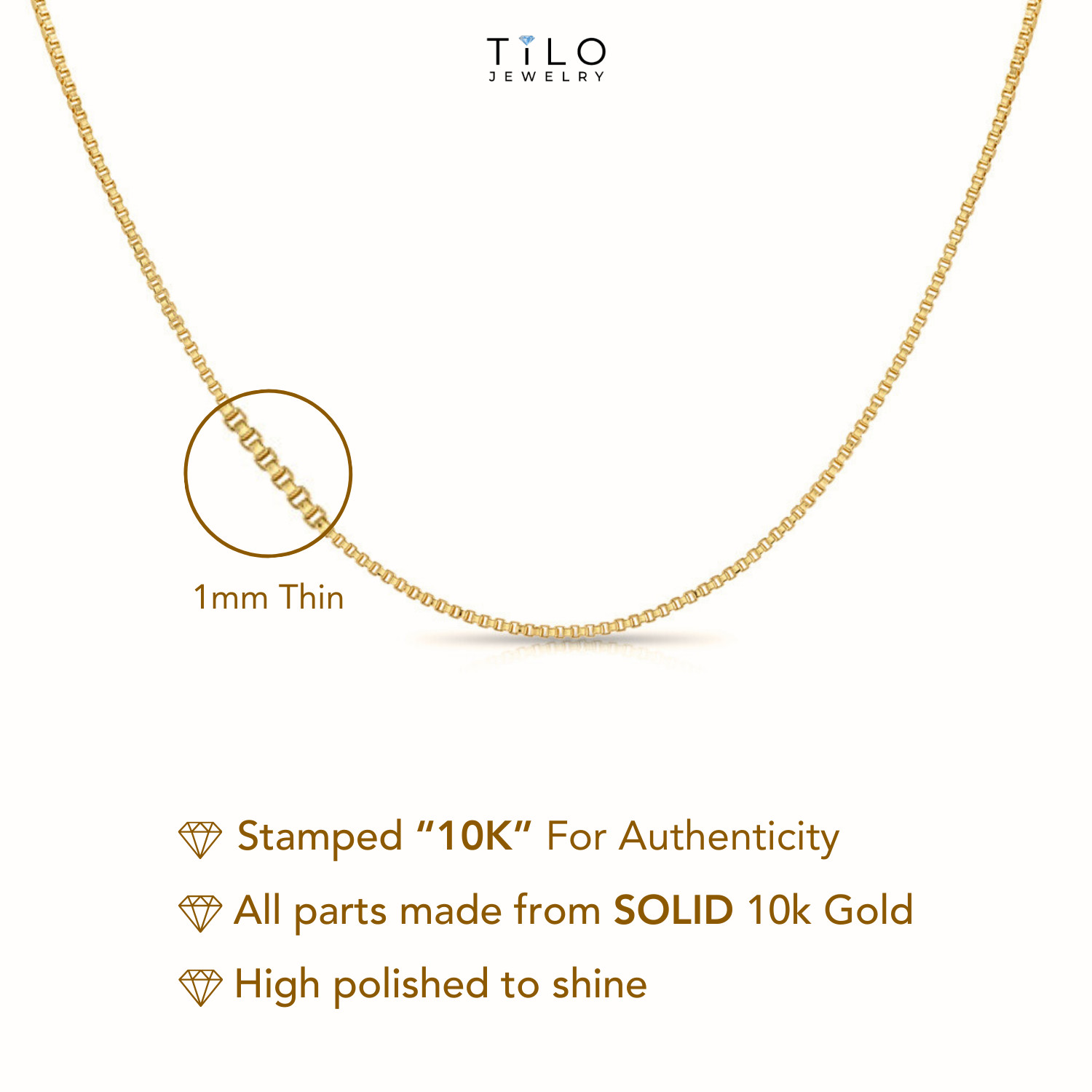 10K Real Solid Yellow Gold 1mm Thin Dainty Box Chain Italian Necklace 16″-18″