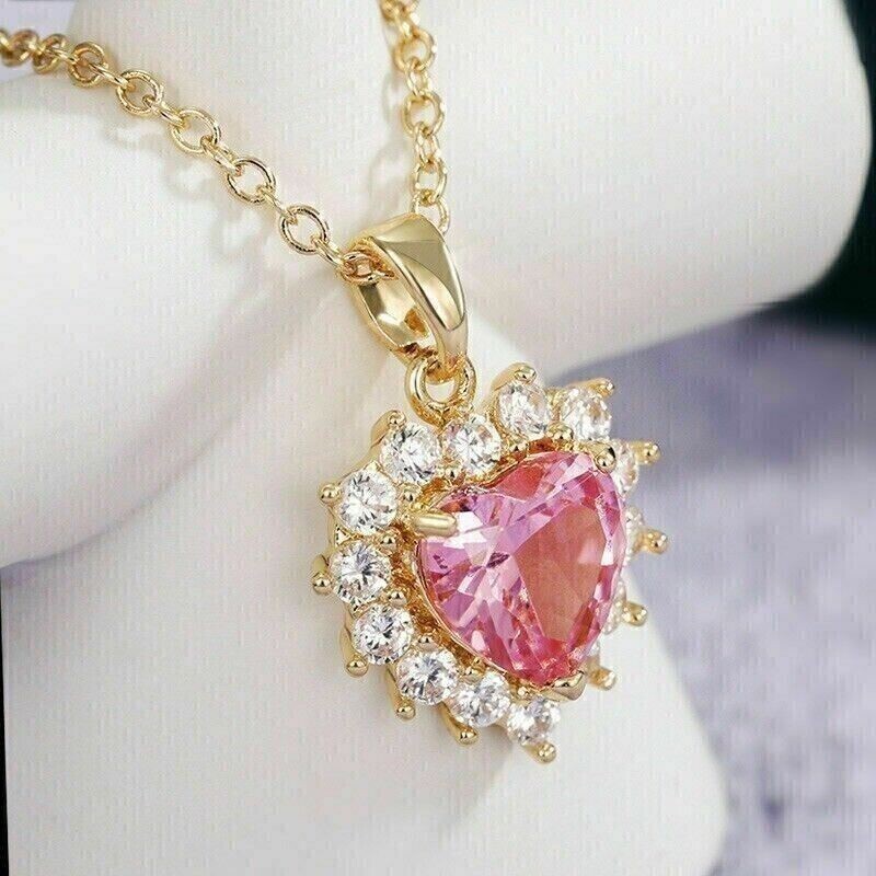4CT Heart Lab Created Pink Sapphire Women Pendant 14K Yellow Gold Plated Silver
