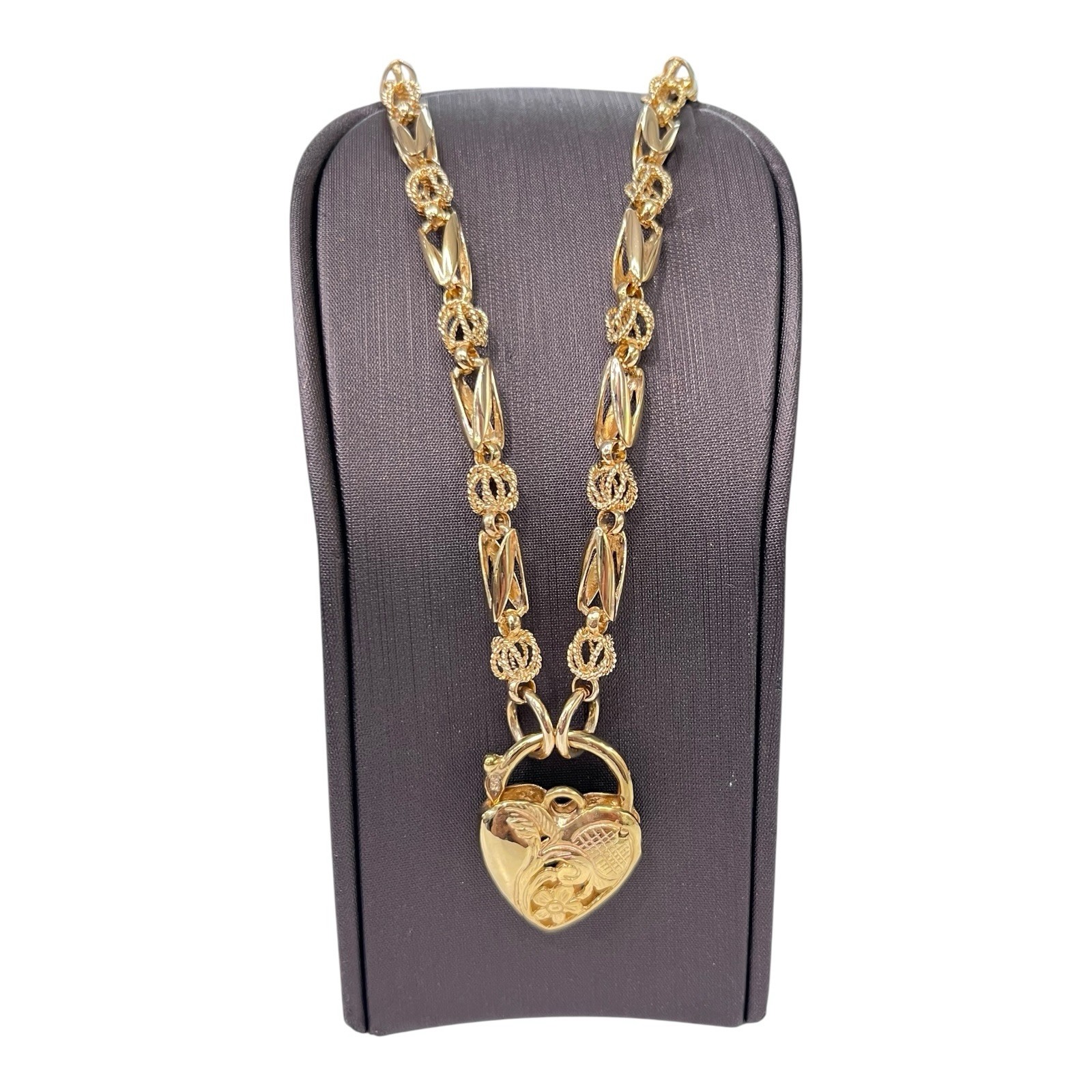 9ct 9k Yellow Gold Tulip Link Heart Padlock Chain Necklace 30.91 Grams 52cm. New
