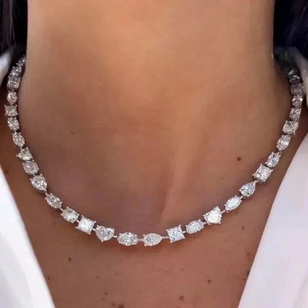 15CT Multi Cut Tennis Necklace Real Moissani 14K White Gold Plated Silver