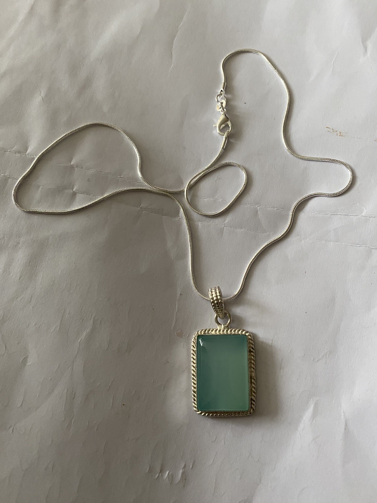 Vintage big Aqua Chalcedony Pendant 925 Silver 20”chain.4×2.5cm UK Seller VGC