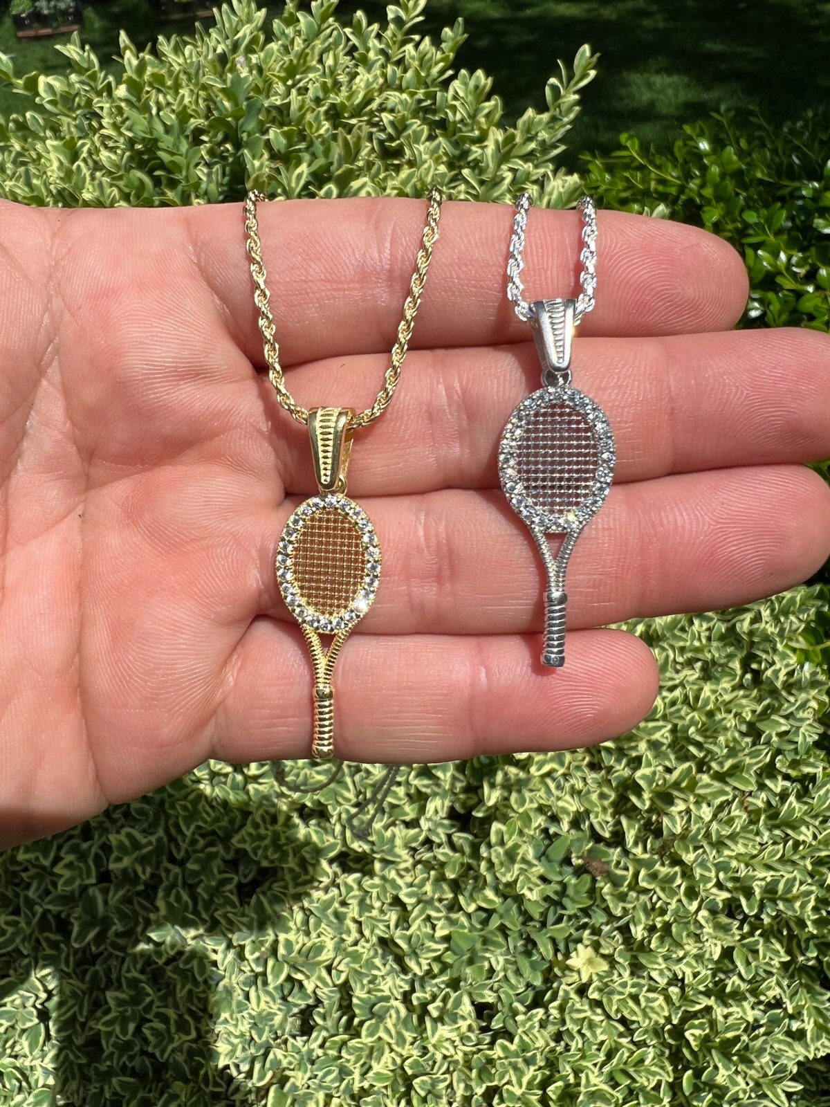 Real 925 Silver 14k Gold Plated Tennis Racket Pendant Necklace Mens Ladies CZ