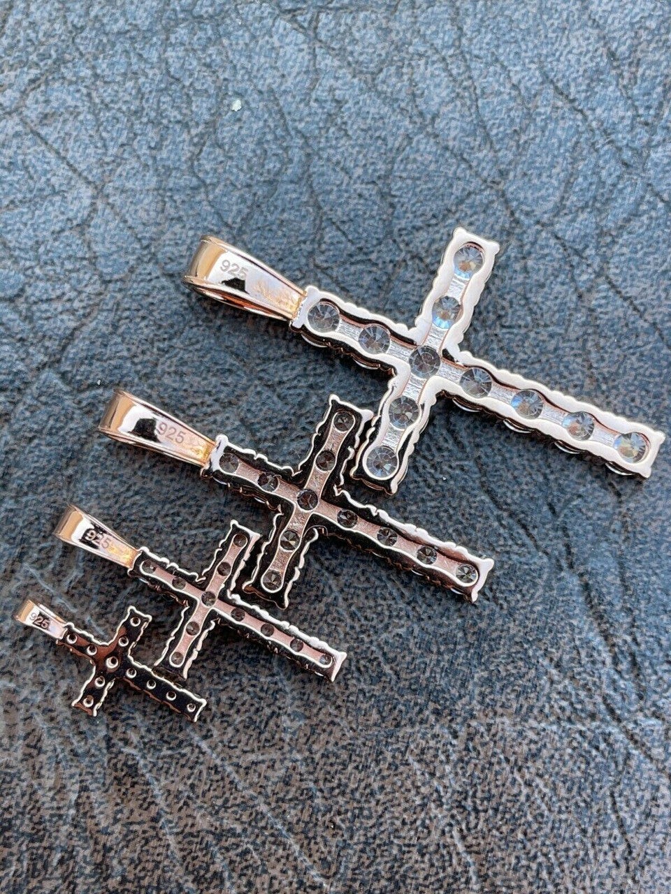 Tennis Cross Iced Pendant – Rose Gold Vermeil 925 Silver – 5 Sizes 0.75″-2.25″