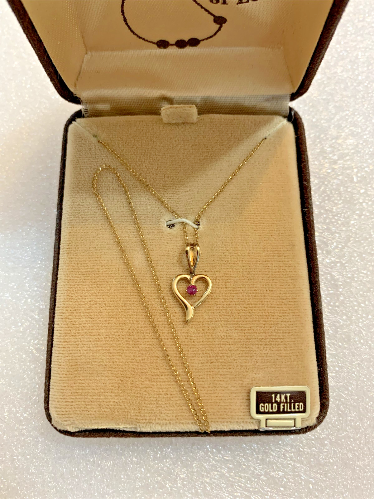 Vtg 14K GF Heart with Ruby 18″ Chain in Original Jewelers Box 1970s