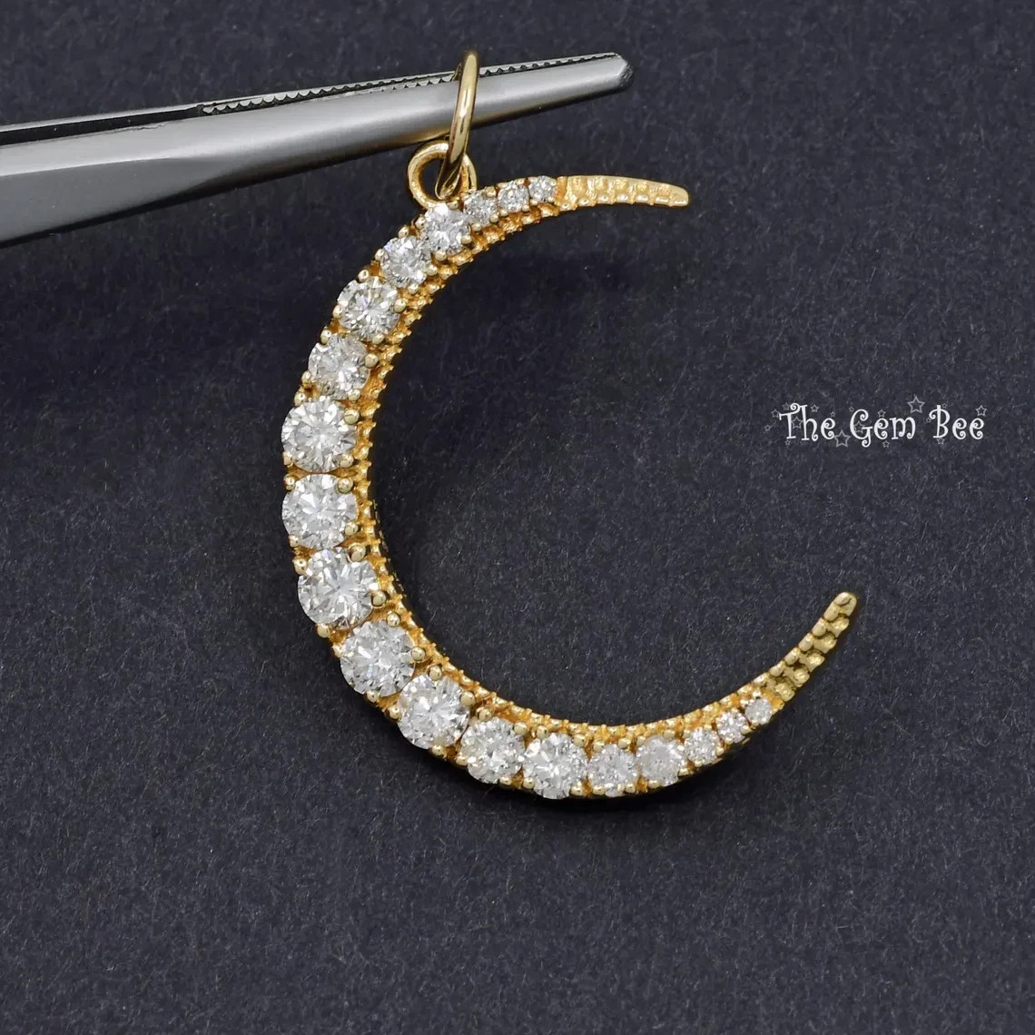 21x26mm 14K Yellow Gold 1.25CT Natural Diamond LARGE Crescent Moon Charm Pendant