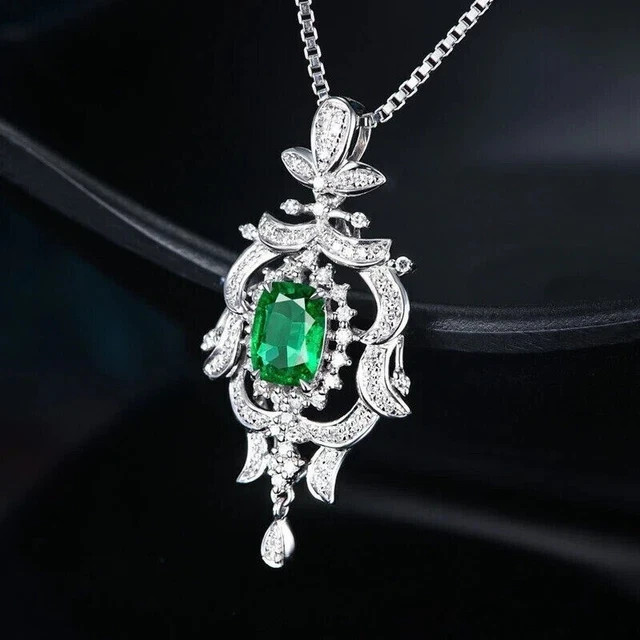 Lab Created Emerald 2.30Ct Oval Cut Elegant Halo Pendant 14K White Gold Plated