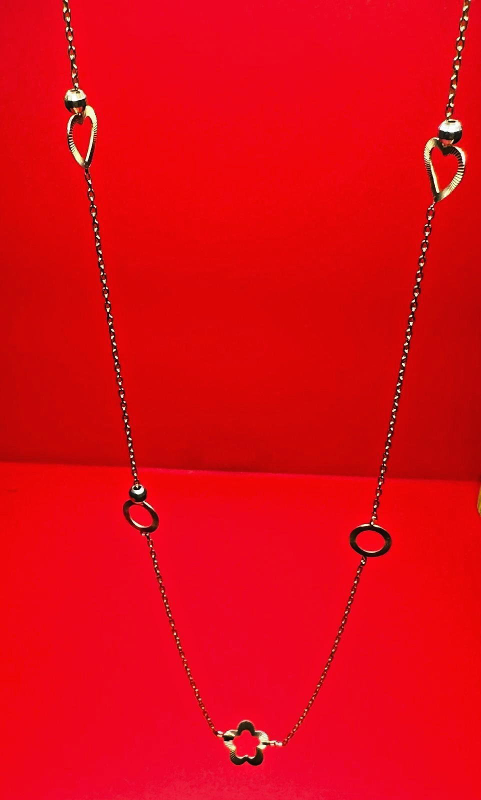 14K Oval Link Chain With Heart-Flower-Circle Charms