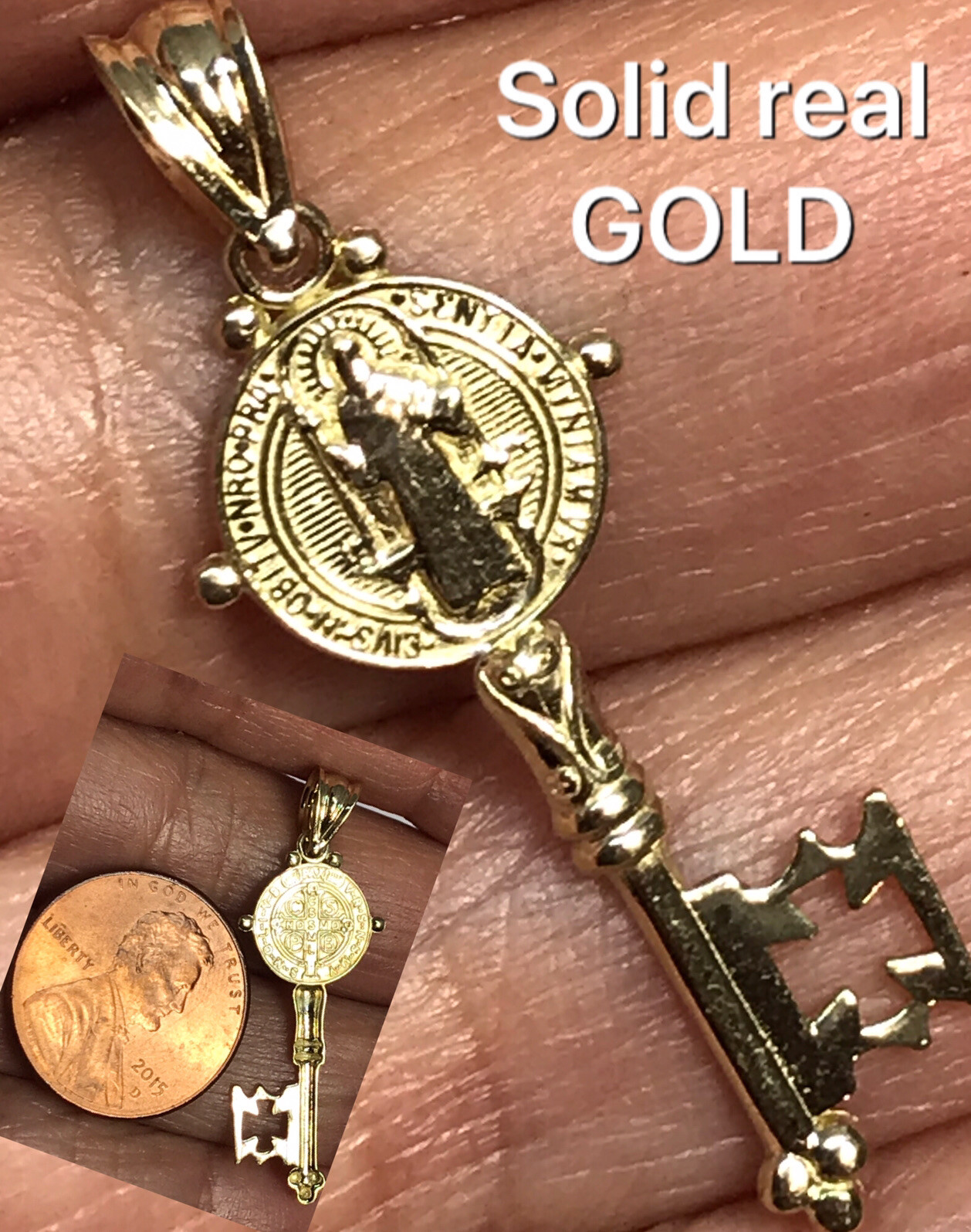 GOLd st Saint Benedict San Benito senita pendant key cross 10k solid charm 1.35″