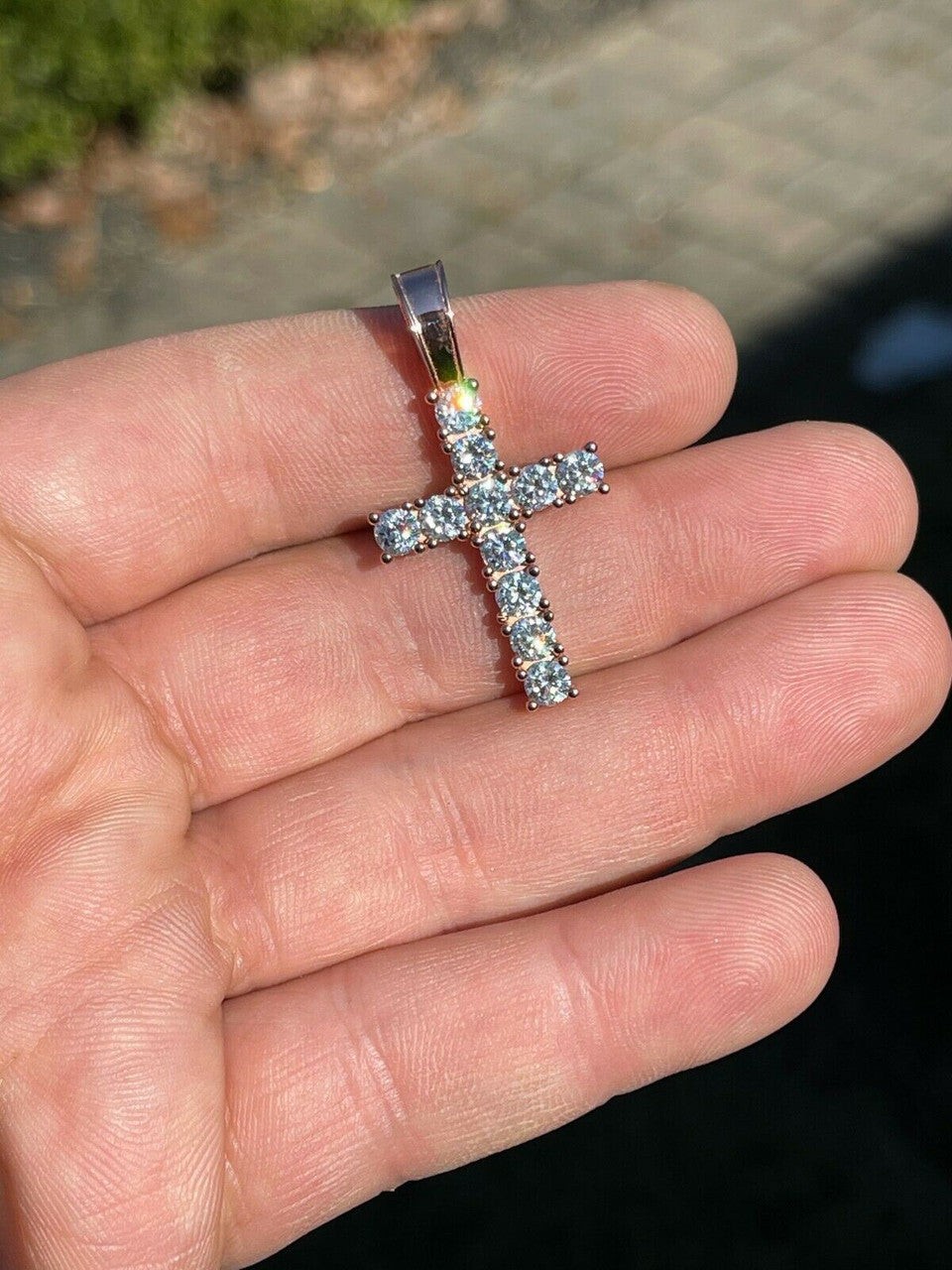 Tennis Cross Iced Pendant – Rose Gold Vermeil 925 Silver – 5 Sizes 0.75″-2.25″