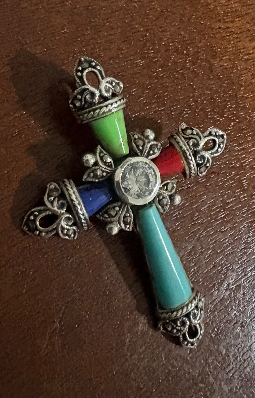 925 Sterling Silver Cross Pendant Turquoise Coral Lapis 2″ 7.16 grams CZ Gemston