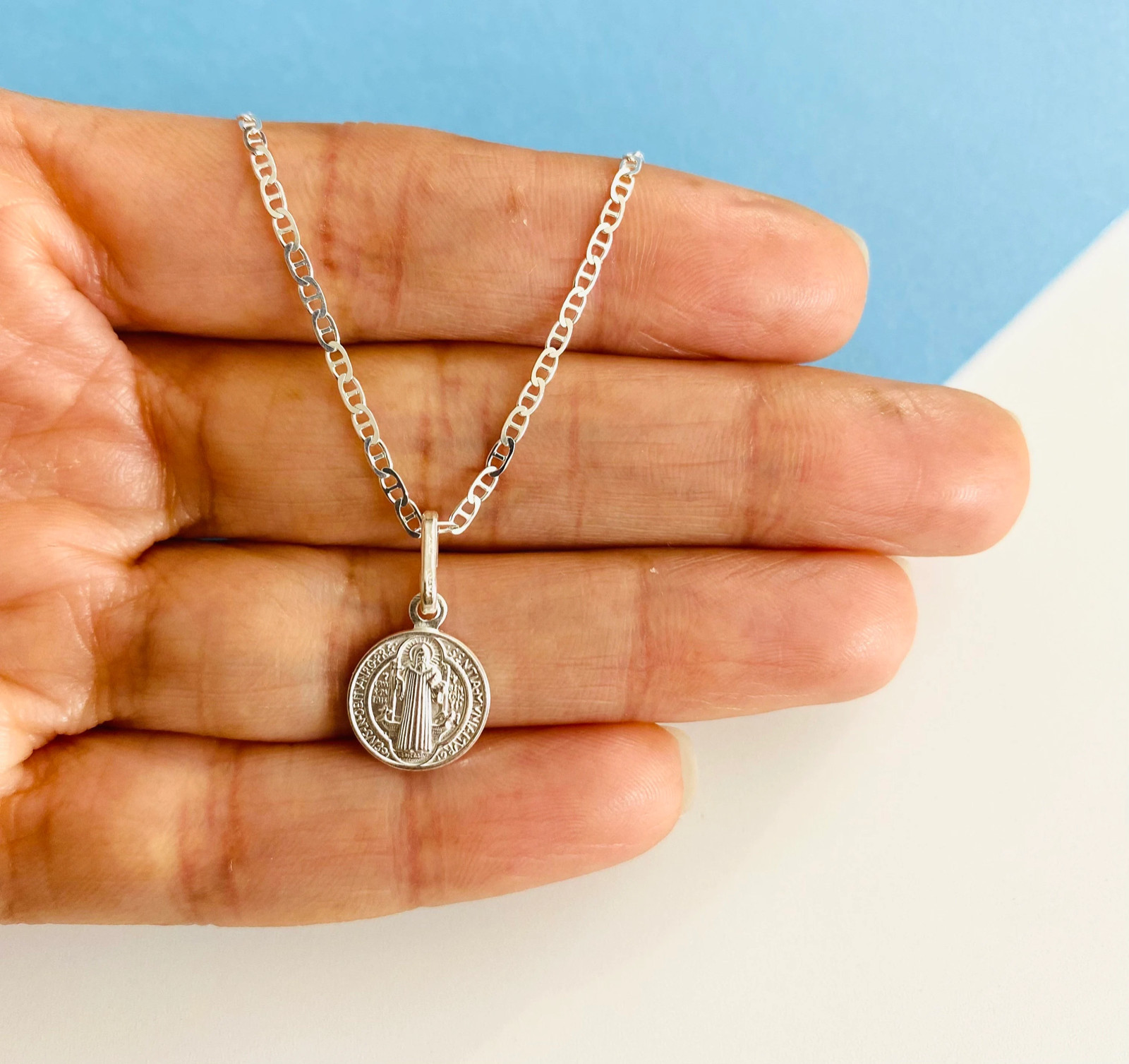 925 sterling silver Saint Benedict 10mm Pendant, 1.5mm Chain Necklace – P157