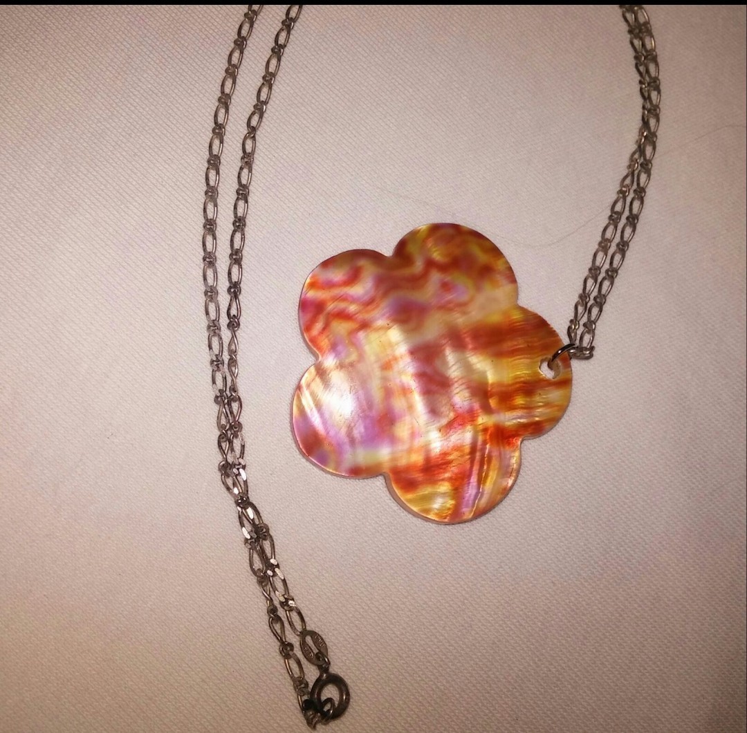 Natural Rare Sunrise Albalone Shell Pendant Sterling Silver Chain Necklace Set