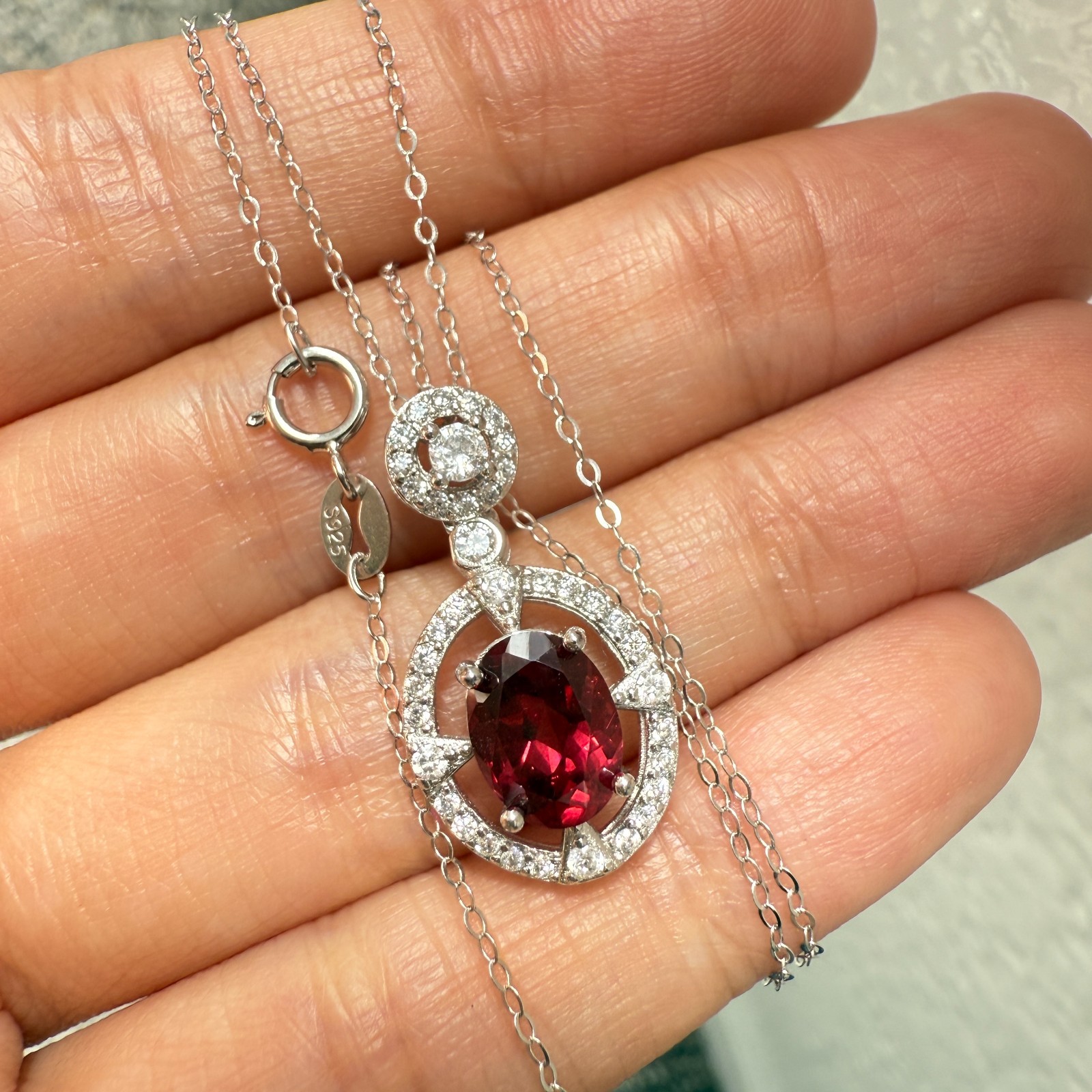 925 Sterling Silver Necklace 8x6mm Natural Garnet Zircon Flower Handmade Chain