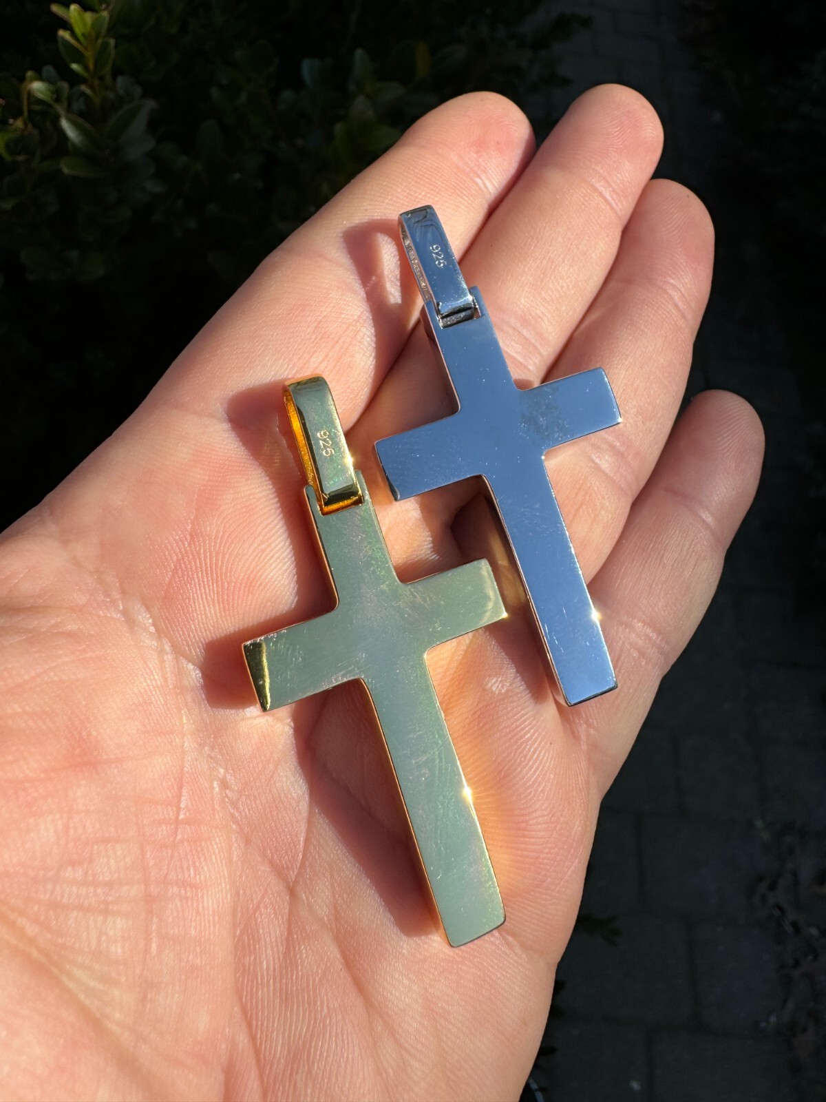 Large Mens Real 925 Silver & Wood Inlay Plain Religious Cross Pendant Necklace