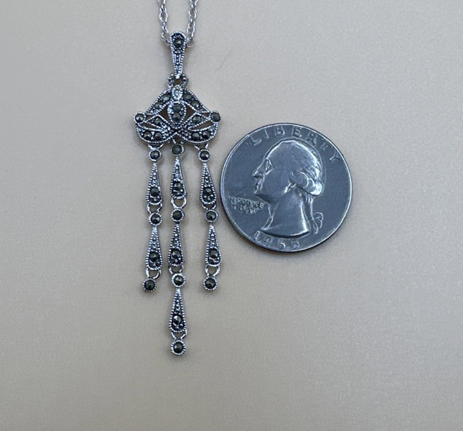 925 Sterling Silver Art Deco Style Marcasite Dangle Drop Pendant Necklace
