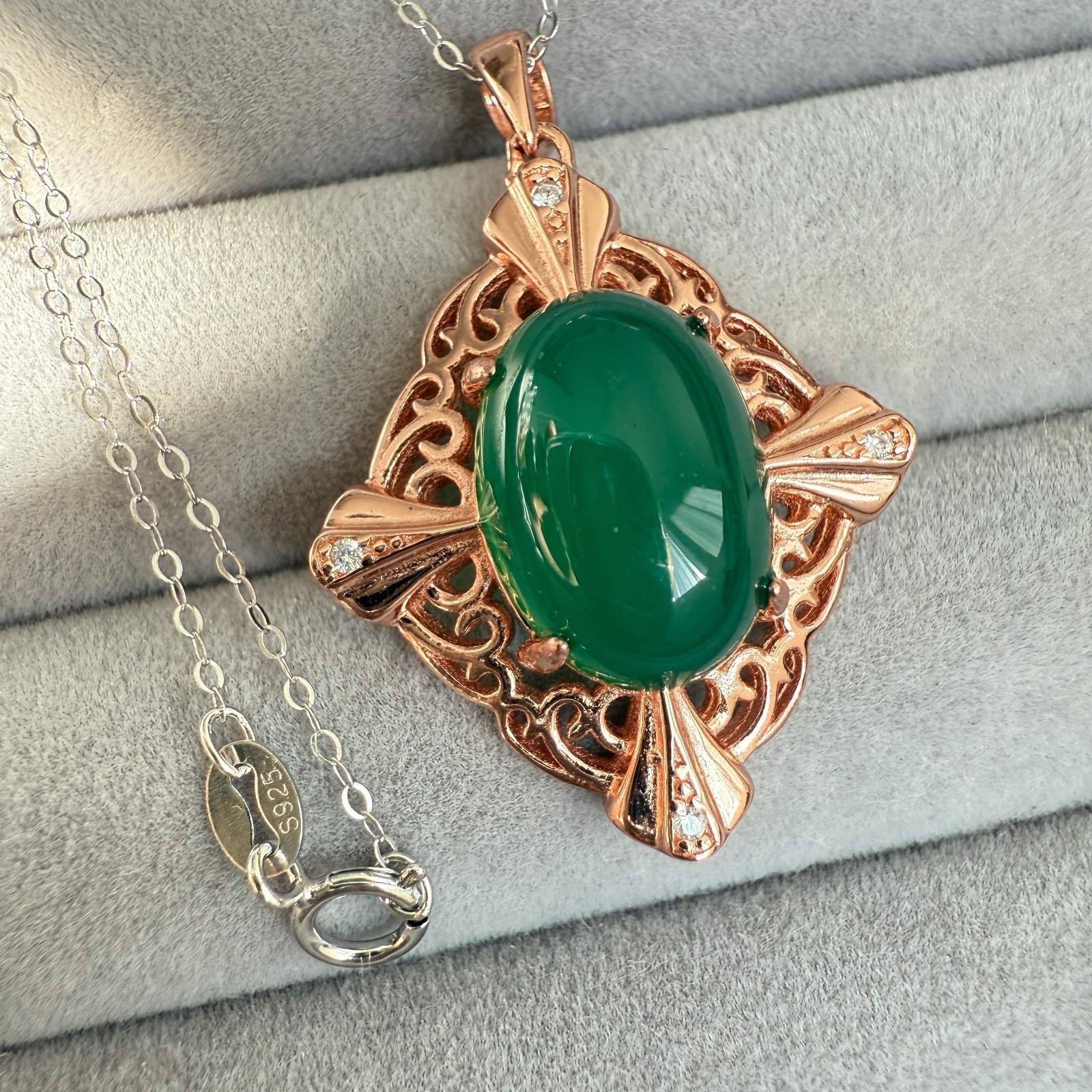 925 Sterling Silver Necklace 14x11mm Natural Emerald Zircon 14K Rose Gold Plated