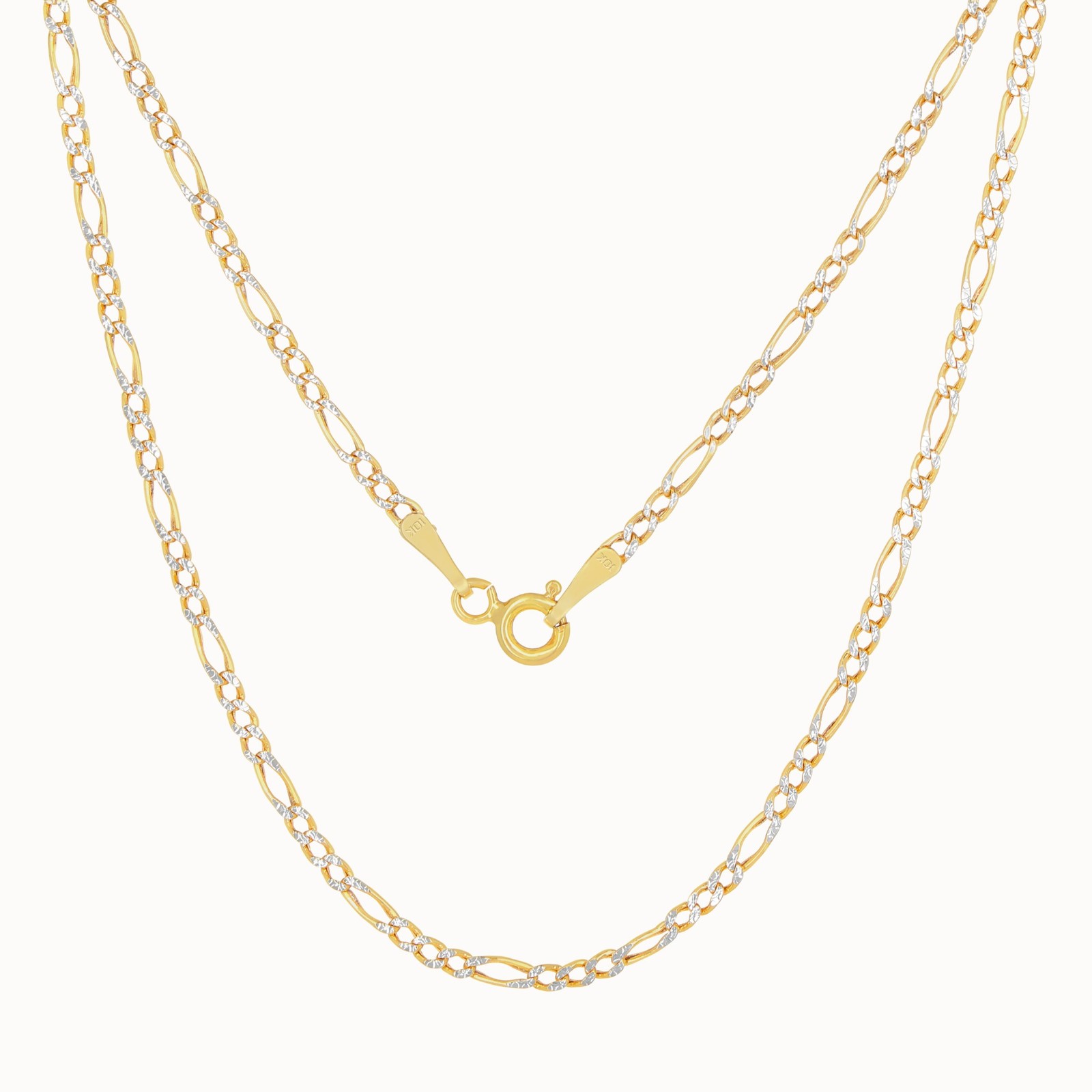 10K Yellow Gold 2mm Diamond Cut White Pave Figaro Chain Link Necklace 16″- 24″