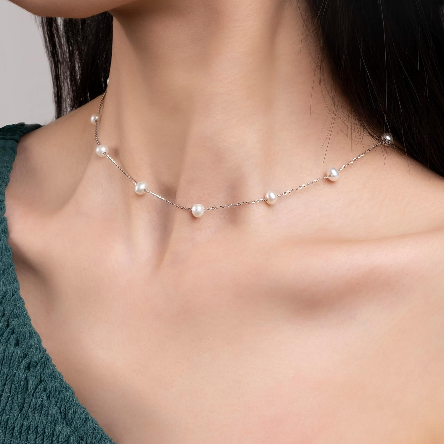 925 Sterling Silver Dainty Freshwater Cultured Pearl Choker Necklace White Genui