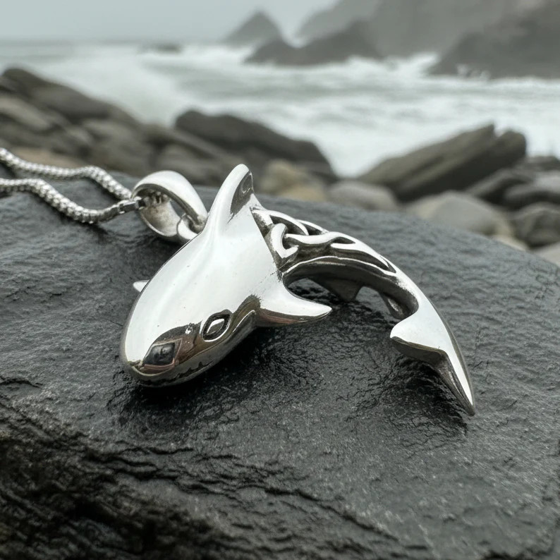 Celtic Shark Necklace Nautical Beach Sea Fish Ladies Mens Pendant 925 W/CHAIN