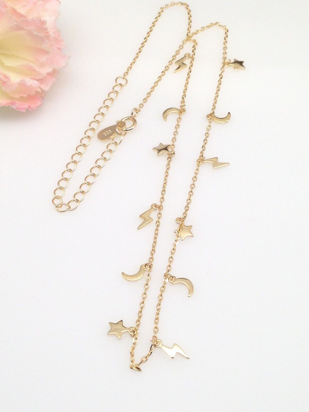925 Sterling Silver Star Moon Lightning Station Dangle Charm CHOKER Necklace 6mm