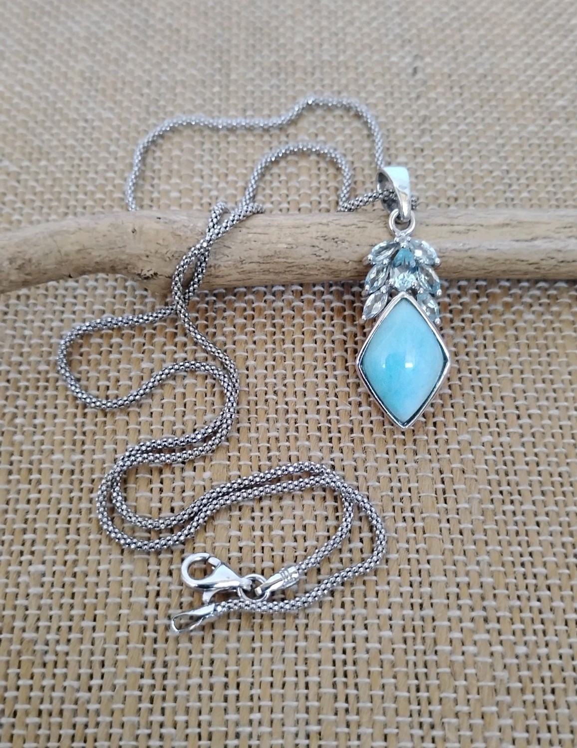 CFJ Thailand Larimar Blue Topaz Pendant Necklace Rhodium Plated Sterling Silver