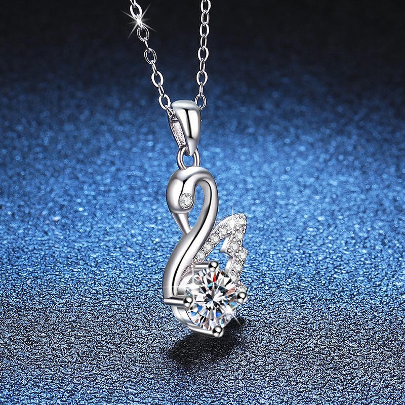 925 Sterling Silver Moissanite Swan Pendant Necklace Crystal Bird Charm Jewelry